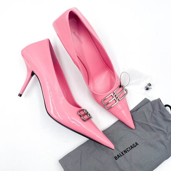 Balenciaga BB Square Knife Pumps Pink Patent Leather Pointed Tie Sz 38 / 8 - Picture 1 of 13